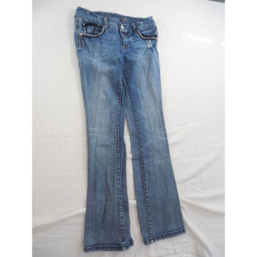Seven7 Jeans Women Sz 27 Blue Denim Straight Leg Distressed Casual Pants Hipster